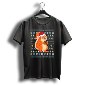 Merry Christmas Squirrel Santa Hat Snowflakes Pine Trees Ugly Holiday T Shirt