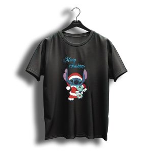 Merry Christmas Stitch Santa Outfit Holding Doll T-Shirt