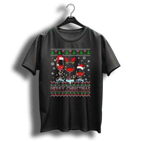 Merry Christmas Three Glasses Of Wine Santa Reindeer Ugly Sweater Lights T Shirt 1 t shirt 1