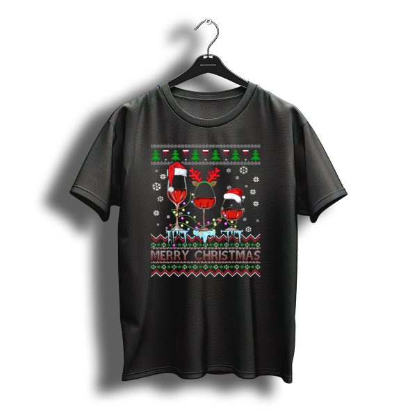 Merry Christmas Three Glasses Of Wine Santa Reindeer Ugly Sweater Lights T Shirt t shirt 1
