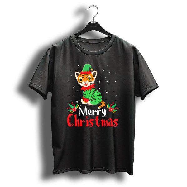 Merry Christmas Tiger In Elf Costume With Festive Snowflakes T Shirt 1 t shirt 1