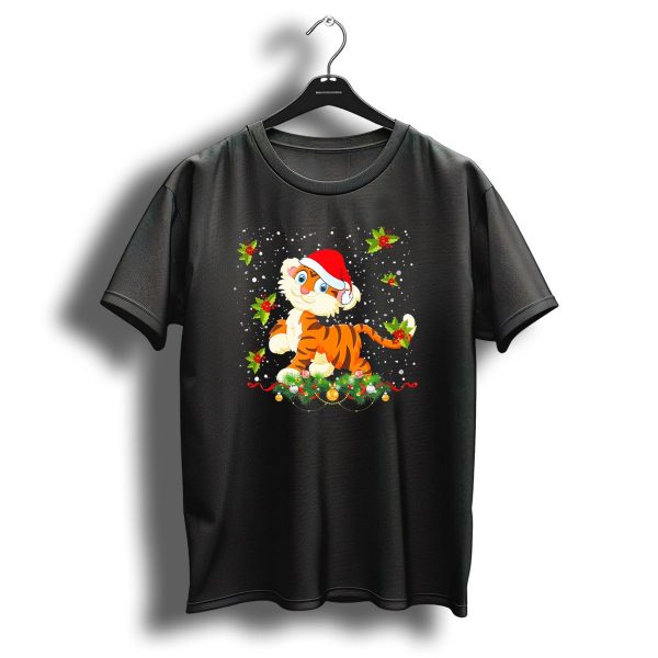 Merry Christmas Tiger In Santa Hat With Holly And Snowflakes T Shirt 1 t shirt 1