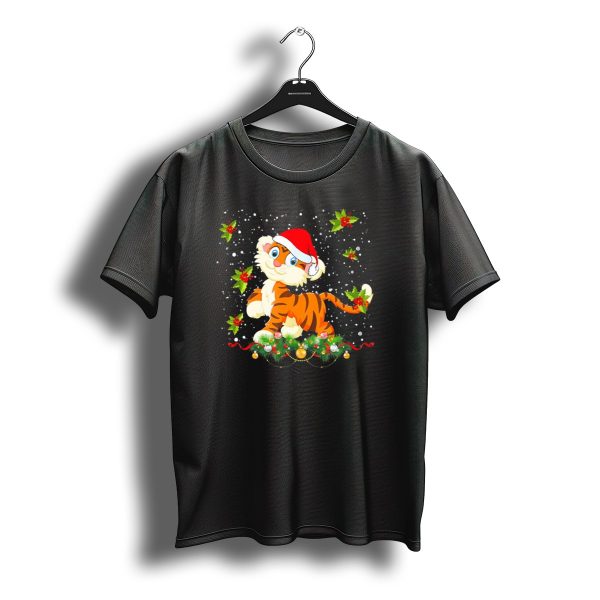 Merry Christmas Tiger In Santa Hat With Holly And Snowflakes T Shirt t shirt 1