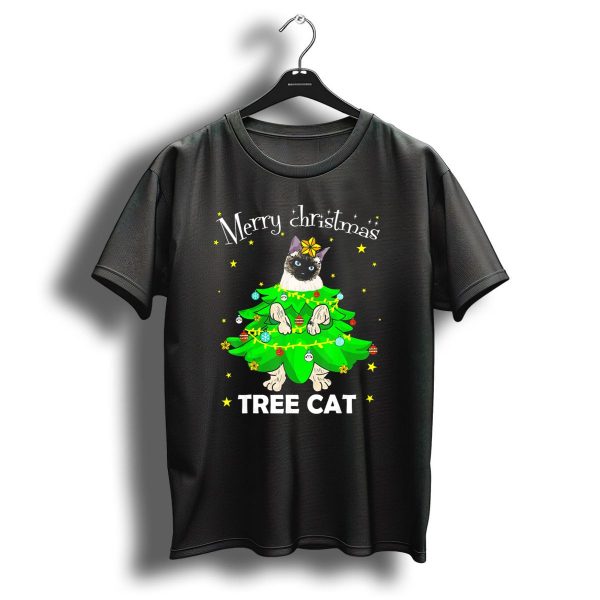 Merry Christmas Tree Cat Siamese Cat In Festive Holiday Lights And Ornaments T Shirt 1 t shirt 1