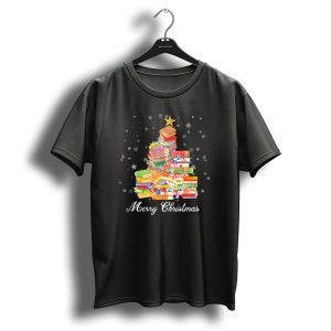 Merry Christmas Tree Funny Love Reading Books Stacked As Christmas Tree With Lights And Star T-Shirt