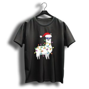 Merry Christmas Tree Lights Llama Santa Hat Sunglasses T Shirt