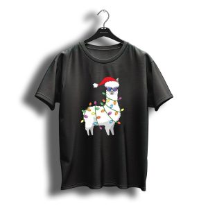 Merry Christmas Tree Lights Llama Santa Hat Sunglasses T-Shirt
