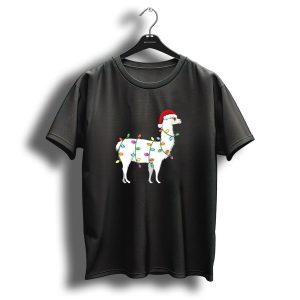 Merry Christmas Tree Lights Llama Santa Hat T Shirt
