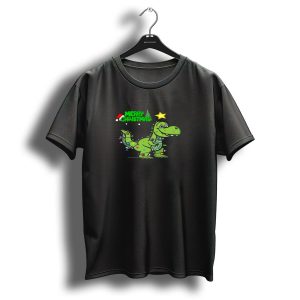 Merry Christmas Tree Rex Dinosaur With Santa Hat And Star Lights T Shirt