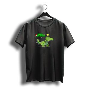 Merry Christmas Tree Rex Dinosaur With Santa Hat And Star Lights T-Shirt