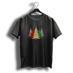 Merry Christmas Trees Plaid Leopard Pattern Red Green T Shirt 1