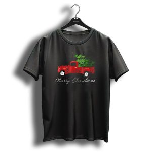 Merry Christmas Vintage Wagon With Tree On Red Truck T-Shirt