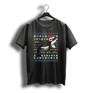 Merry Christmas Whale Uglysanta Festive Orca Snowflakes Santa Hat Christmas Trees T-Shirt