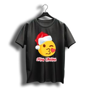 Merry Christmas Winking Kissing Emoji With Santa Hat T-Shirt