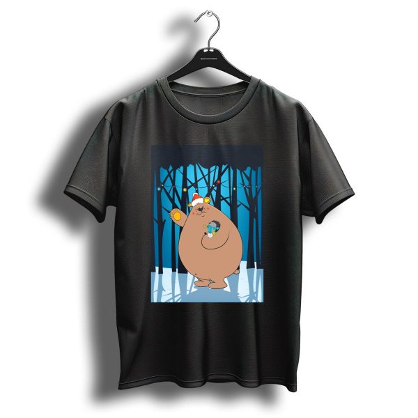 Merry Christmas With Bear And Hedgehog In Winter Forest With Santa Hat And String Lights T Shirt 1 t shirt 1