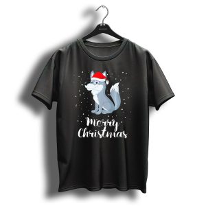 Merry Christmas Wolf In Santa Hat With Snowflakes T Shirt