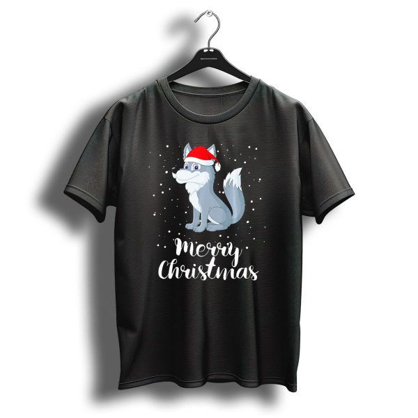 Merry Christmas Wolf In Santa Hat With Snowflakes T Shirt 1 t shirt 1