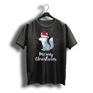 Merry Christmas Wolf In Santa Hat With Snowflakes T-Shirt