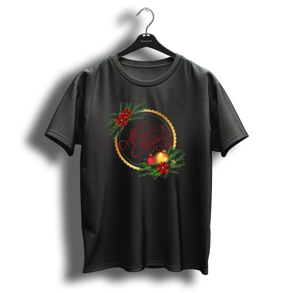 Merry Christmas Wreath Red Gold Baubles Pine Greenery Poinsettia T Shirt 1 t shirt 1