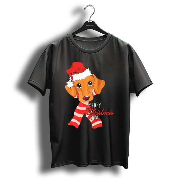 Merry Christmas YAll Dachshund Dog Wearing Santa Hat And Striped Scarf T Shirt 1 t shirt 1