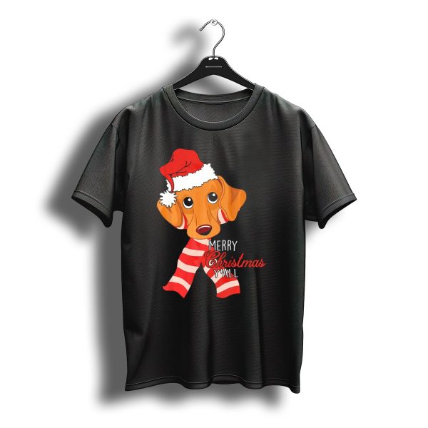 Merry Christmas YAll Dachshund Dog Wearing Santa Hat And Striped Scarf T Shirt t shirt 1