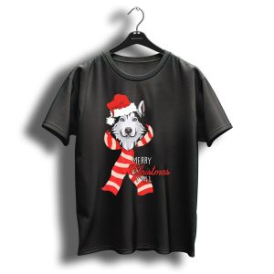 Merry Christmas Yall Husky Dog In Santa Hat And Scarf T-Shirt