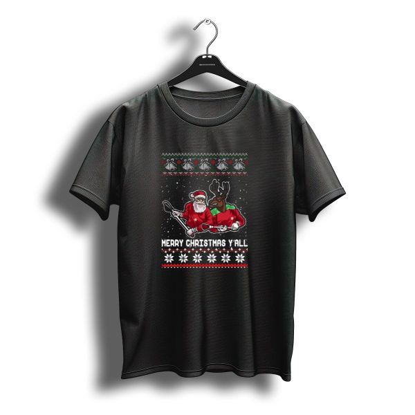 Merry Christmas YAll Lacrosse Santa And Reindeer Playing Holiday T Shirt t shirt 1