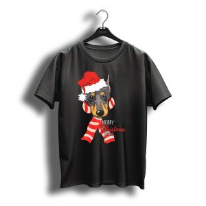 Merry Christmas Y'All Santa Hat Doberman Dog In Striped Scarf T-Shirt