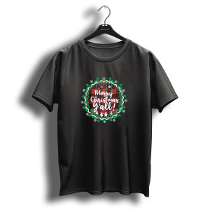 Merry Christmas Yall Wreath Plaid Red Green Snowflakes T Shirt 1