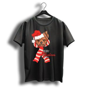 Merry Christmas Yall Yorkie Dog In Santa Hat With Striped Scarf T-Shirt