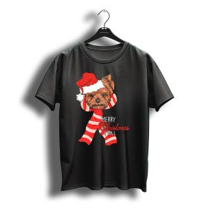 Merry Christmas Y'All Yorkie Dog In Santa Hat With Striped Scarf T-Shirt