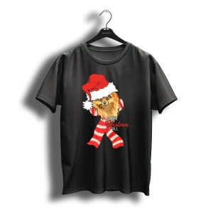 Merry Christmas Yall Santa Pomeranian With Striped Scarf T-Shirt