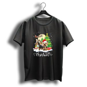 Merry Christmas Yorkshire Terrier With Santa Hat And Festive Snowy Cabin Scene T Shirt