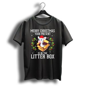 Merry Christmas Your Present Is In The Litter Box Zebra Santa Hat T Shirt