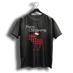 Merry Christmoose Buffalo Plaid Moose With Santa Hat And Christmas Lights T Shirt