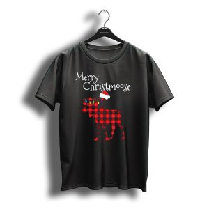 Merry Christmoose Buffalo Plaid Moose With Santa Hat And Christmas Lights T-Shirt