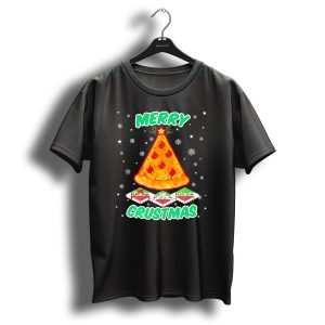 Merry Crustmas Funny Pizza Christmas Tree With Snowflakes And Pizza Boxes T-Shirt