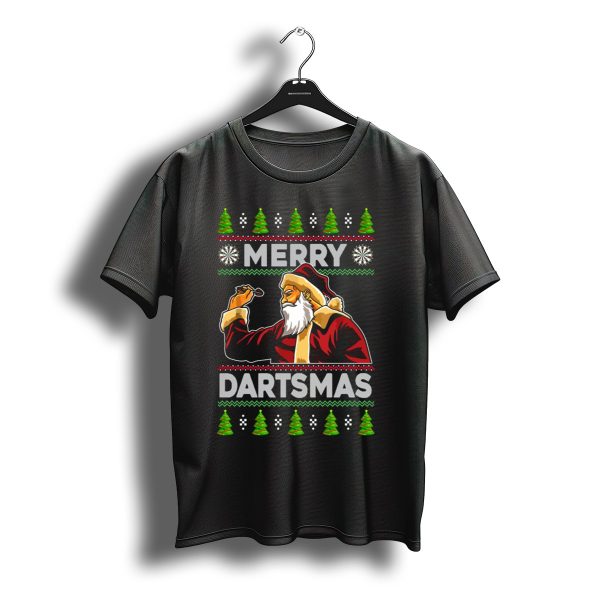 Merry Dartmas Santa Claus Playing Darts With Christmas Trees And Snowflakes T Shirt t shirt 1
