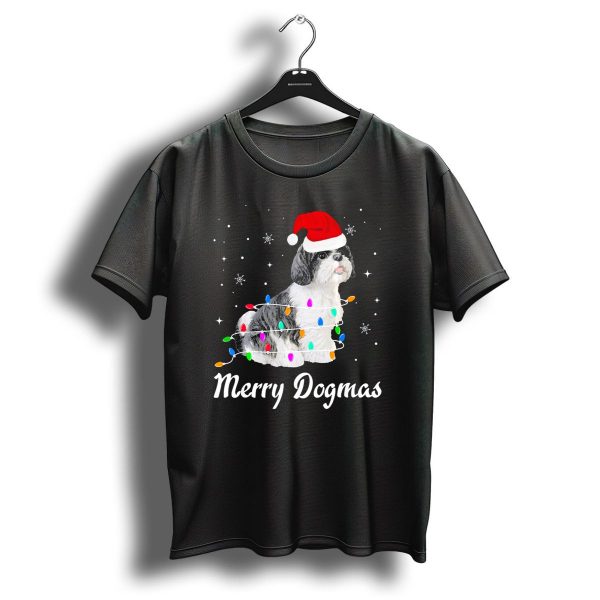 Merry Dogmas Shih Tzu Wrapped In Christmas Lights Santa Hat Snowflakes T Shirt 1 t shirt 1