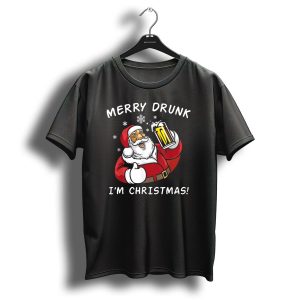 Merry Drunk Im Christmas Santa Drink Beer With Snowflakes T Shirt