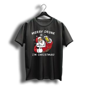 Merry Drunk I'M Christmas Santa Drink Beer With Snowflakes T-Shirt