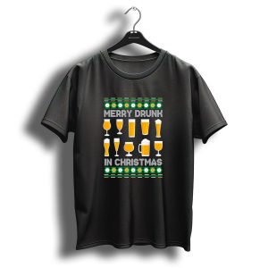 Merry Drunk In Christmas Beer Glasses Festive Holiday Cheers T Shirt