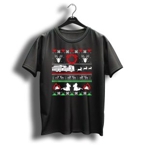 Merry Firefighter Fireman Christmas Reindeer Fire Truck Holiday Sweater Firefighter Emblem T Shirt