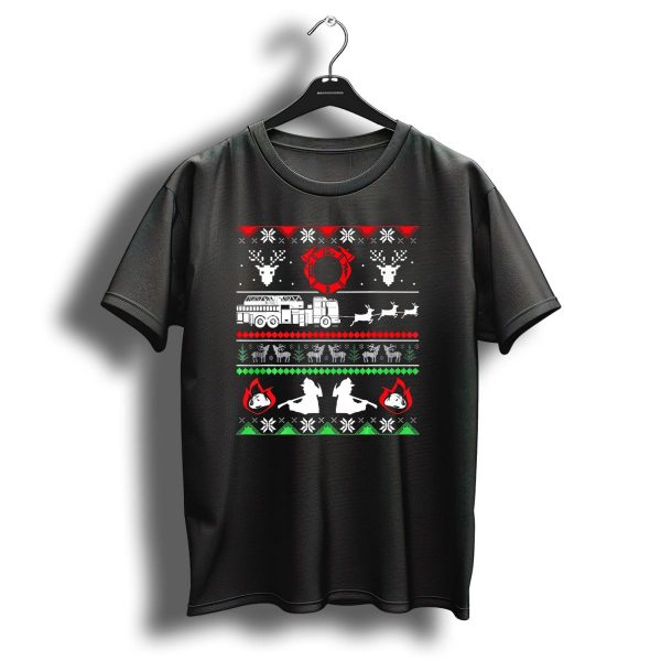 Merry Firefighter Fireman Christmas Reindeer Fire Truck Holiday Sweater Firefighter Emblem T Shirt 1 t shirt 1