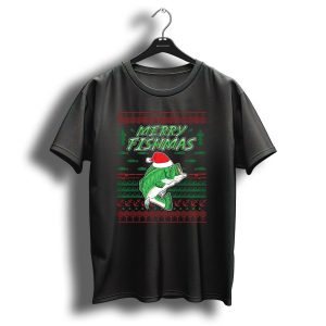 Merry Fishmas Christmas Fishing Ugly Sweater Style With Santa Hat Bass T Shirt