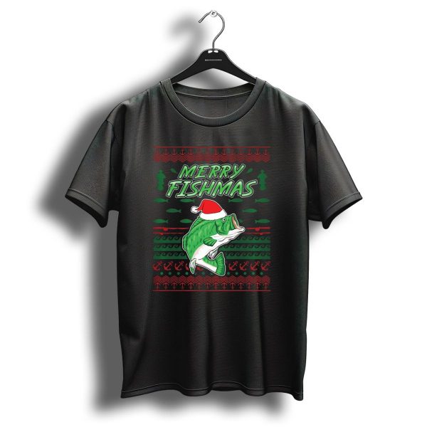 Merry Fishmas Christmas Fishing Ugly Sweater Style With Santa Hat Bass T Shirt 1 t shirt 1