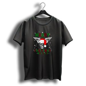 Merry Fkn Christmas Maggots Skull Santa Hat Winged Star Triangle T Shirt