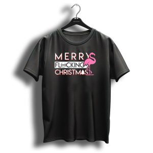 Merry Flocking Christmas Flamingo With Festive Tree And Water Waves T Shirt