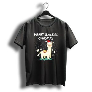 Merry Flocking Christmas Llama Santa Hat Snowflakes Hearts T Shirt