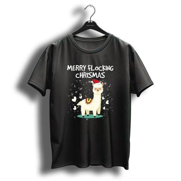 Merry Flocking Christmas Llama Santa Hat Snowflakes Hearts T Shirt 1 t shirt 1